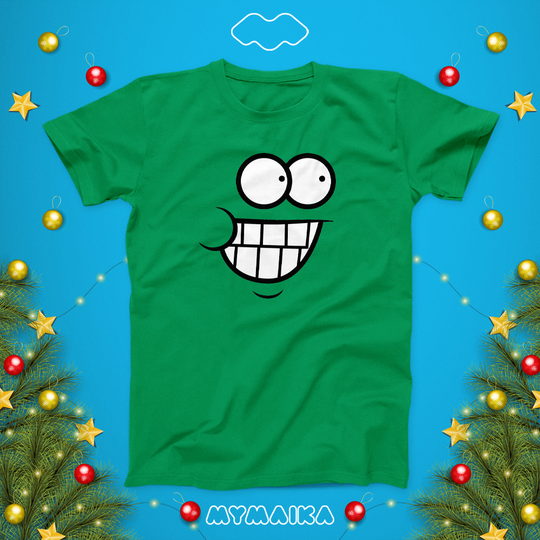მაისური „XMAS TREE FACE v2“ — დიდი გაოცებული სახე ღიმილით, მწვანე