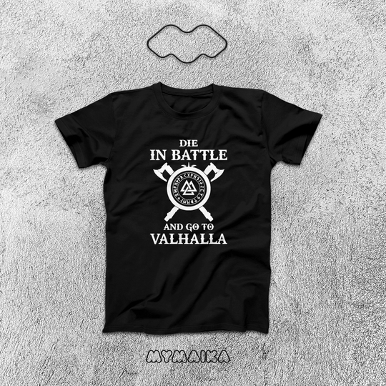 მაისური „DIE IN BATTLE AND GO TO VALHALLA v1“ — ვიკინგების ემბლემა ცულებით და წარწერა