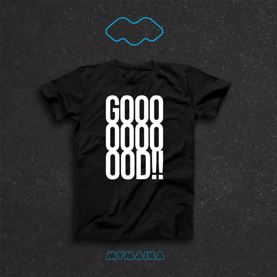 მაისური „GOOOOOOOOOD!!“ — გრძელი თეთრი ასოებით ძახილი