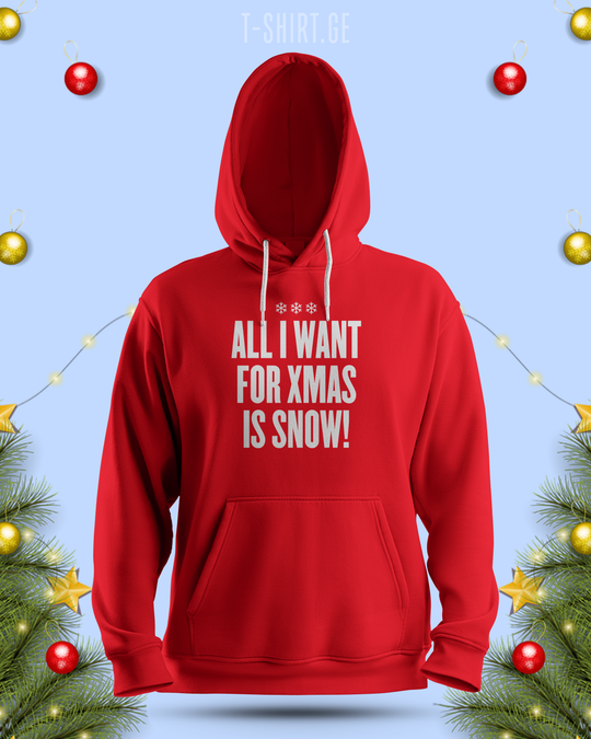 ჰუდი „All I want for xmas is snow!“ — საახალწლო ინგლისური ფრაზა თოვლზე, წითელი