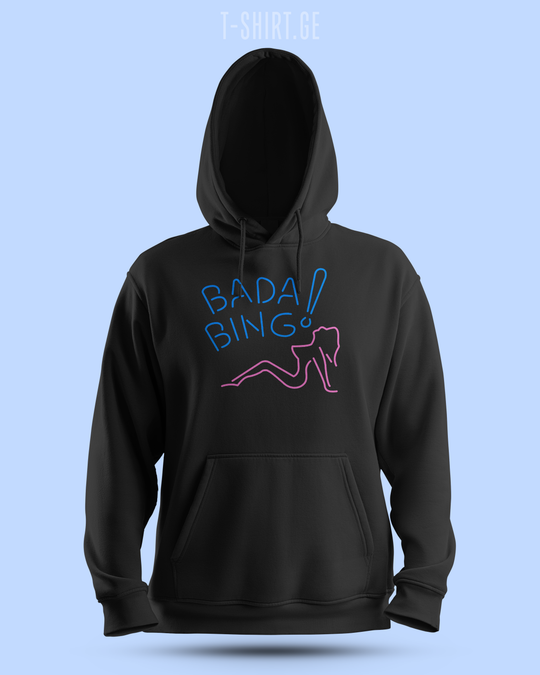 ჰუდი „Bada Bing“ — ცისფერი ნეონის წარწერა და სილუეტი, შავი
