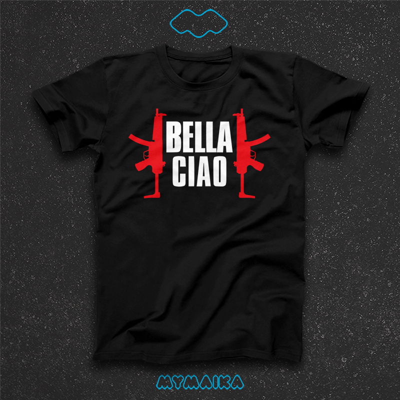 მაისური „Bella Ciao v1 (La Casa De Papel)“ — „Bella Ciao“ წარწერა წითელი ავტომატებით