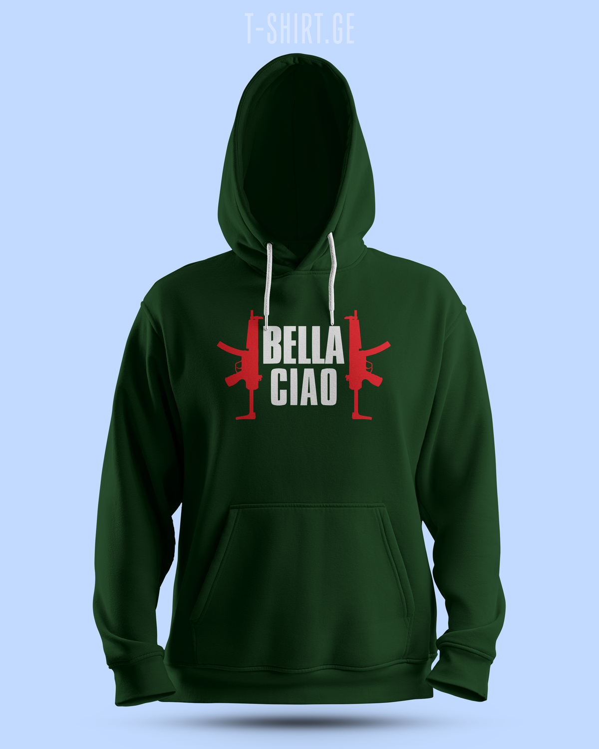 ჰუდი „Bella Ciao v1 (La Casa De Papel)“ — „Bella Ciao“ წარწერა წითელი ავტომატებით, მწვანე