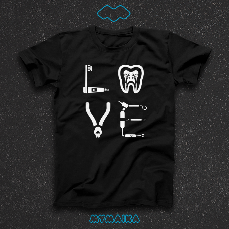 მაისური „DENTAL LOVE“ — სიტყვა „LOVE“ სტომატოლოგიური ხელსაწყოებით