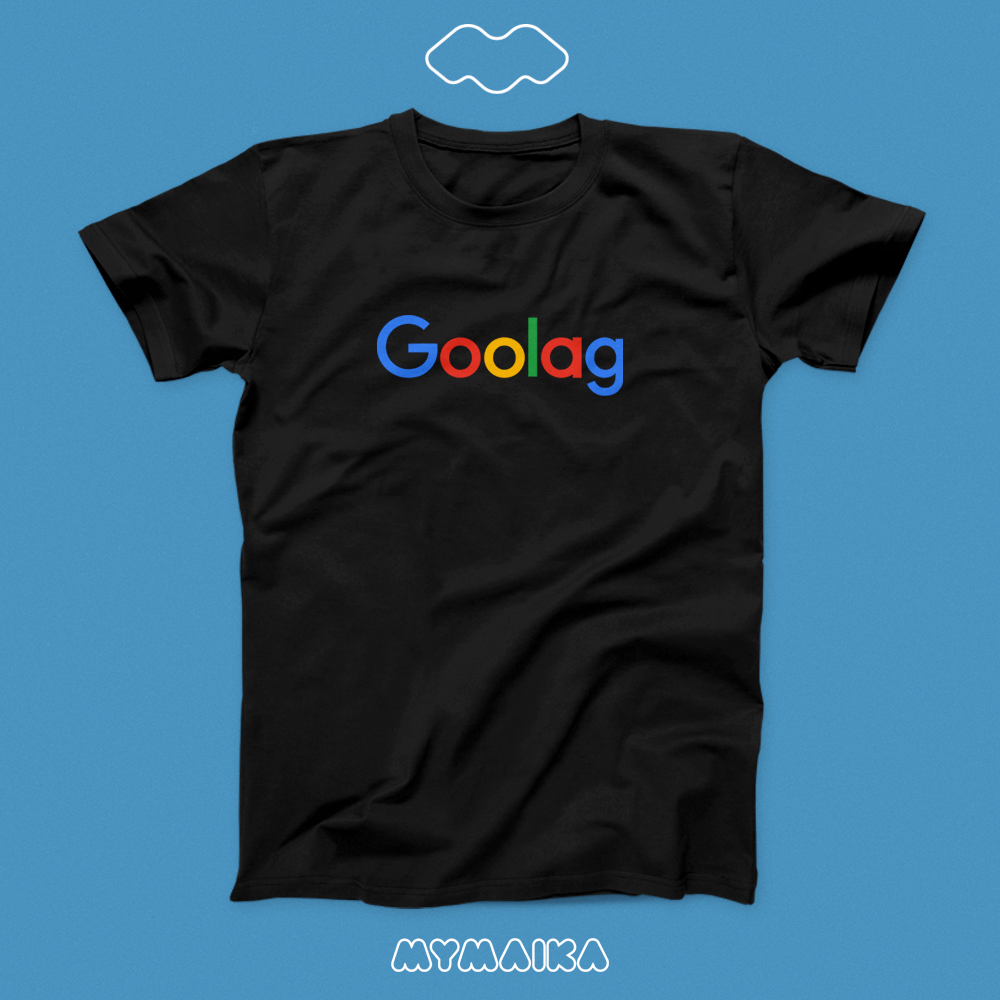 მაისური „Goolag“ — ფერადი Google-ის ლოგოს პაროდია, შავი