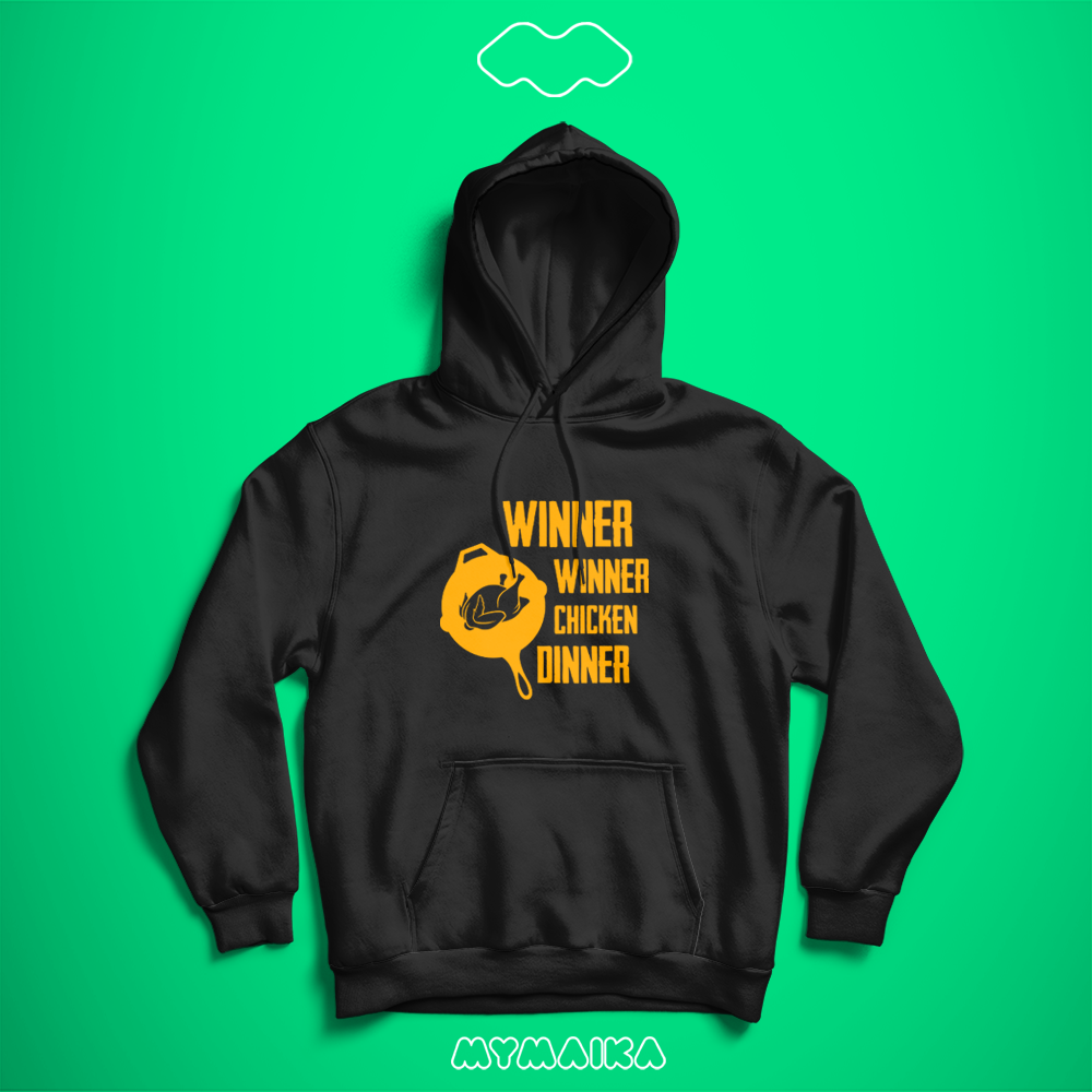 ჰუდი „Winner Winner Chicken Dinner“ — PUBG-ის ტაფა ქათმით და ყვითელი წარწერა