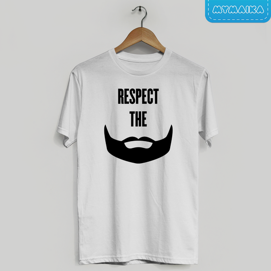 მაისური „RESPECT THE BEARD“ — შავი წვერის ილუსტრაცია და წარწერა