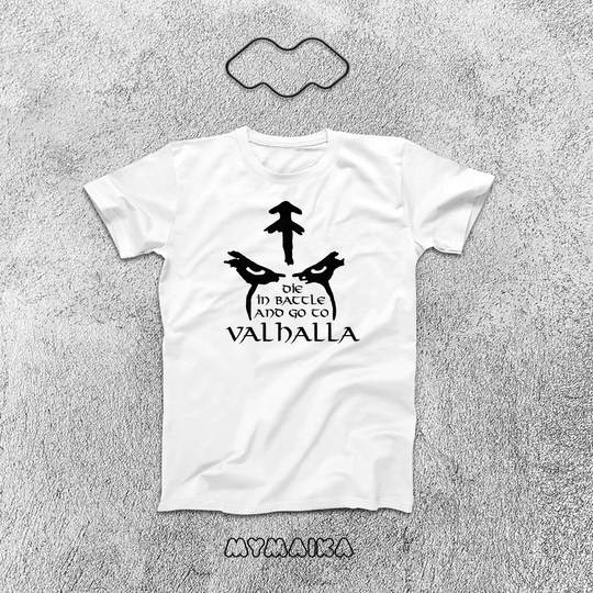 მაისური „DIE IN BATTLE AND GO TO VALHALLA v2“ — ორი ყორანი, რუნა და წარწერა