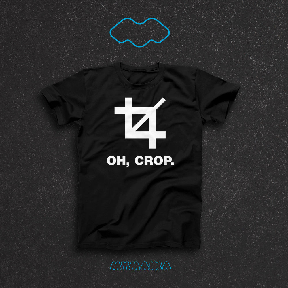 მაისური „Oh, Crop.“ — ჩამოჭრის ინსტრუმენტის ხატულა და სიტყვათა თამაში