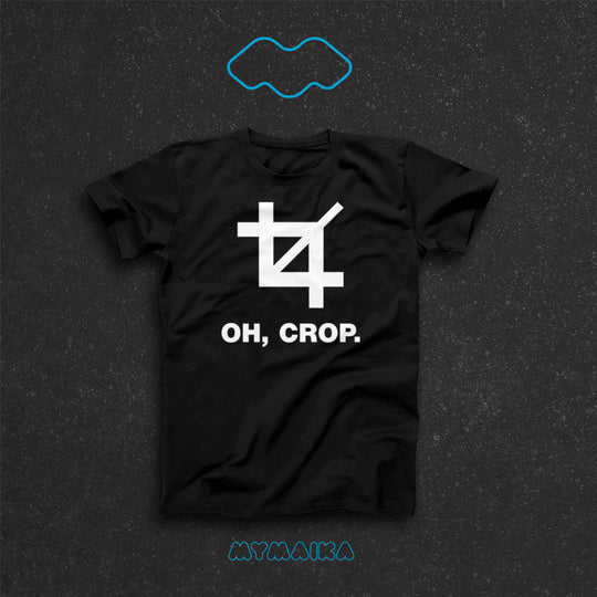 მაისური „Oh, Crop.“ — ჩამოჭრის ინსტრუმენტის ხატულა და სიტყვათა თამაში
