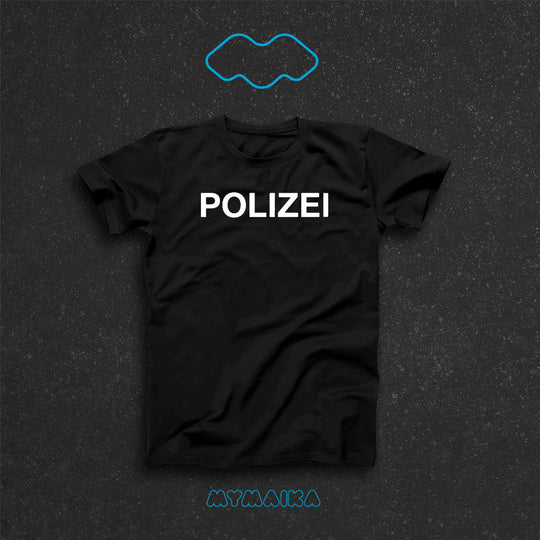 მაისური „POLIZEI“ — თეთრი გერმანული POLIZEI წარწერა